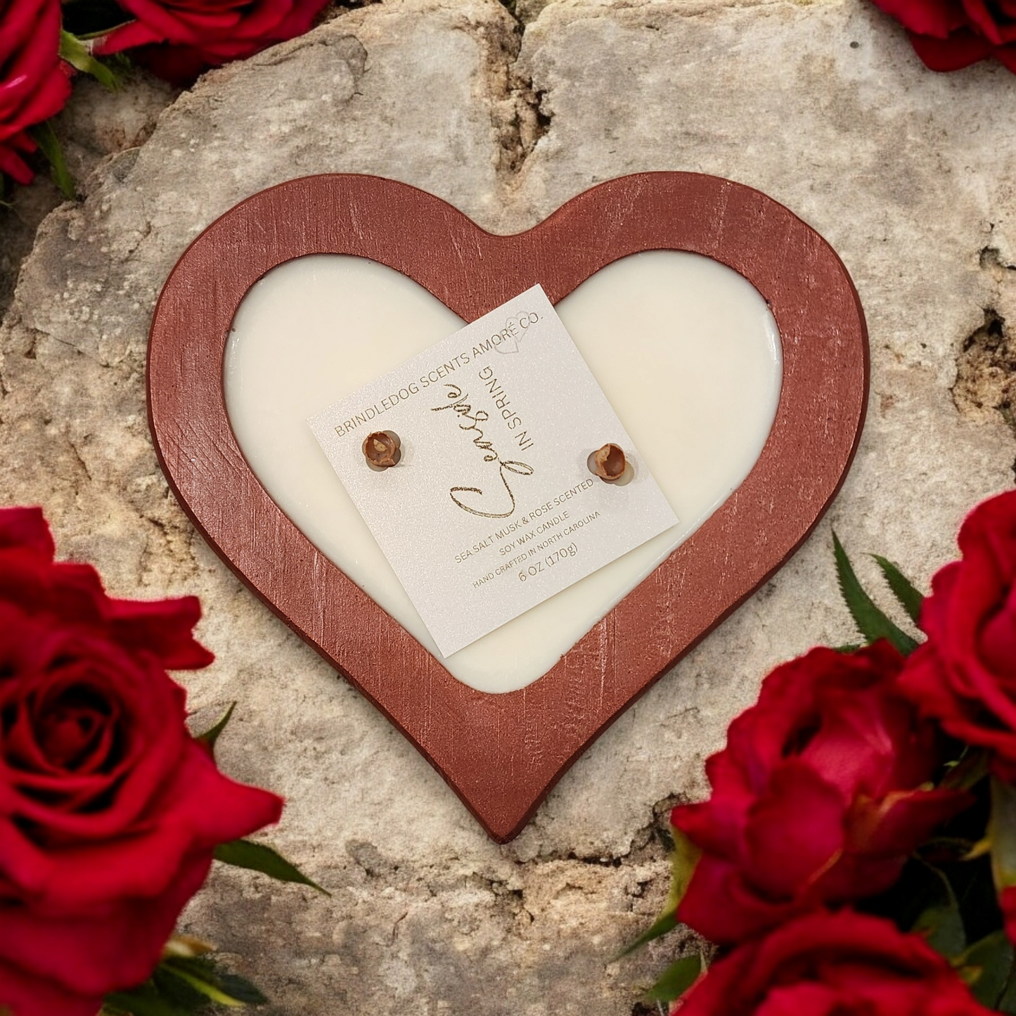 Brindle Bowl- Heart Shaped Scented Soy Cement Candle Rustic Red 6 oz