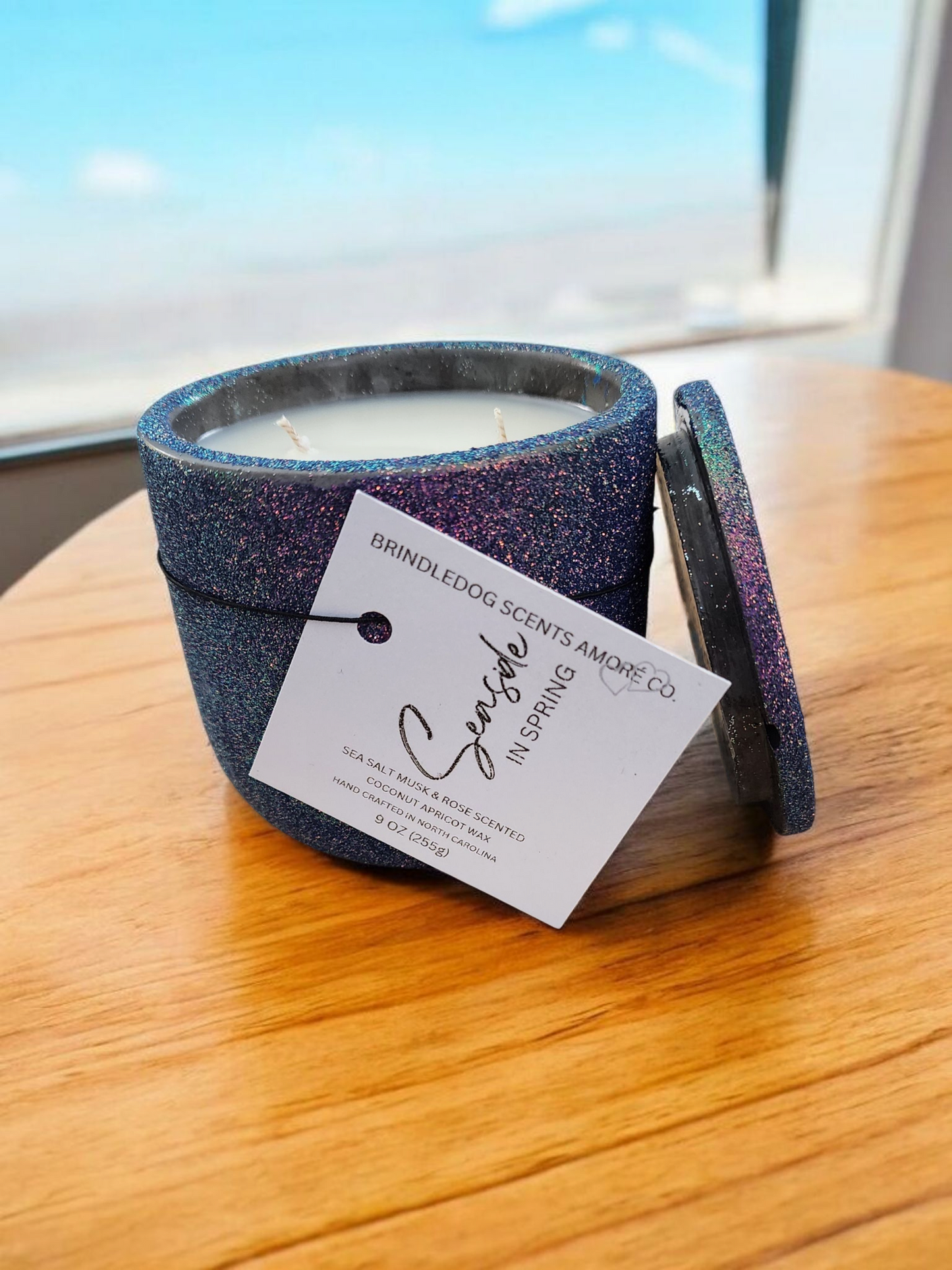 Seaside In Spring 9 oz Sea Salt Musk & Rose Scented-Sparkle Series Cement Candle