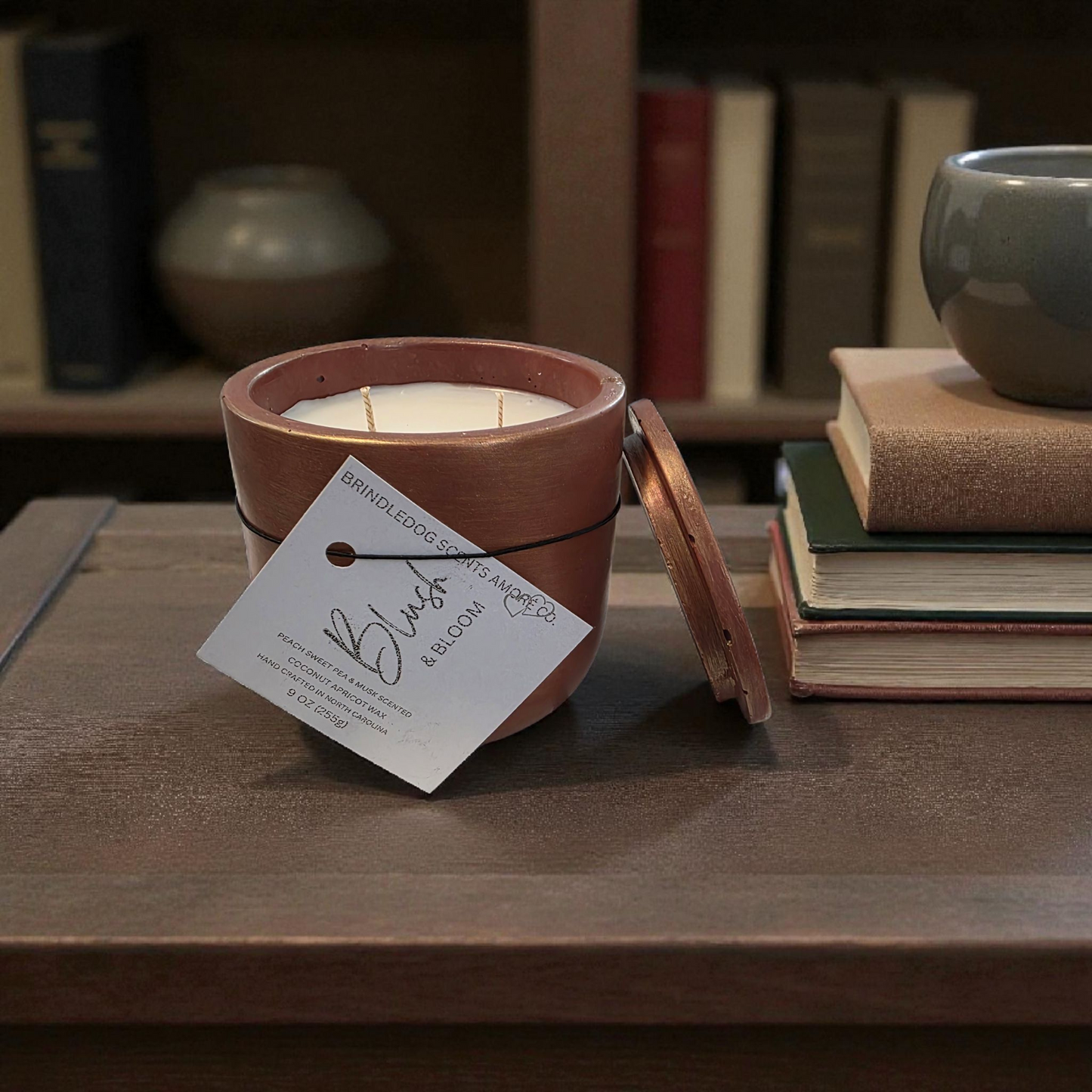 Blush & Bloom 9 oz Peach Sweet Pea & Musk Scented-Golden Fire Series Cement Candle