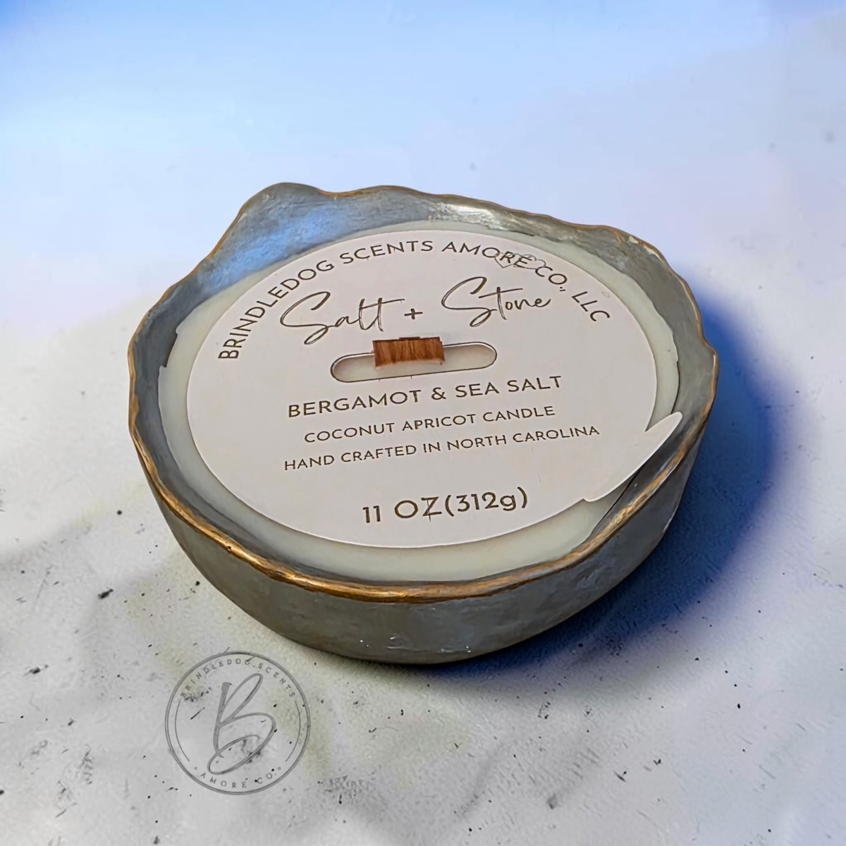 Salt + Stone Bergamot & Sea Salt Luxury Candle – 11 oz Wood Wick Cement Bowl | Artisan Candle
