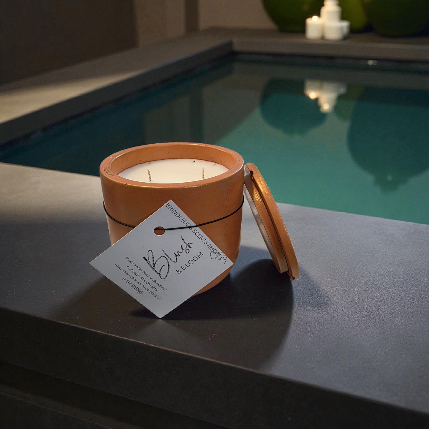 Blush & Bloom 9 oz Peach Sweet Pea & Musk Scented- Golden Fire Series Cement Candle