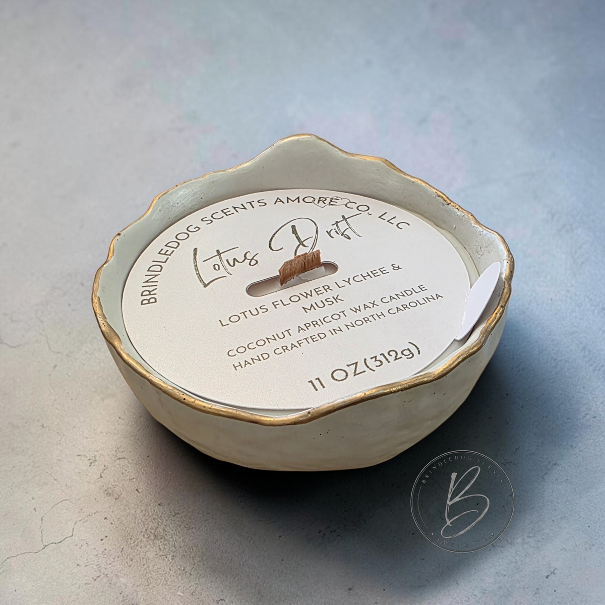 Lotus Drift Lotus Flower Lychee & Musk Luxury Candle – 11 oz Wood Wick Cement Bowl | Artisan Candle