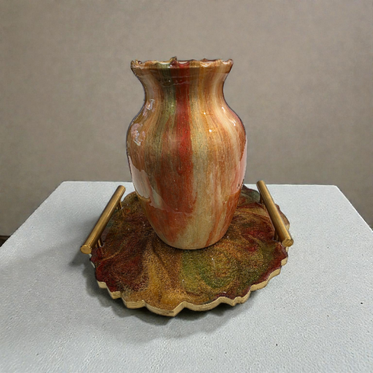 Decorative 10" Round Serving Tray And Vase Set (Food Safe)