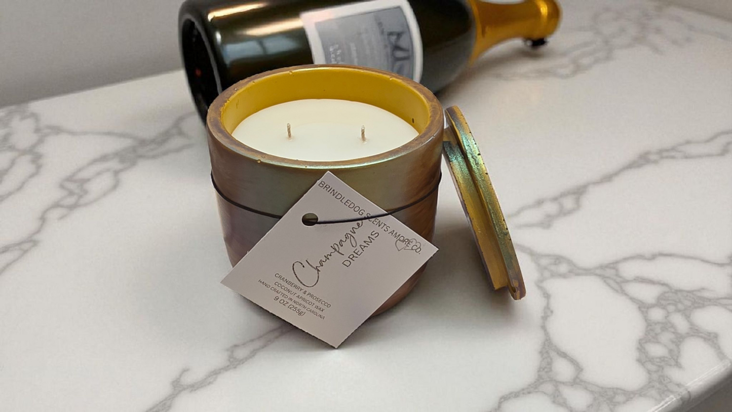 Champagne Dreams 9 oz Cranberry & Prosecco Scented-Golden Fire Series Cement Candle