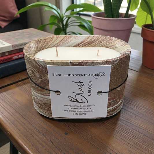 Blush & Bloom 8 oz Peach Sweet Pea & Musk Scented-Oval Elements Series Cement Candle 2-Wick