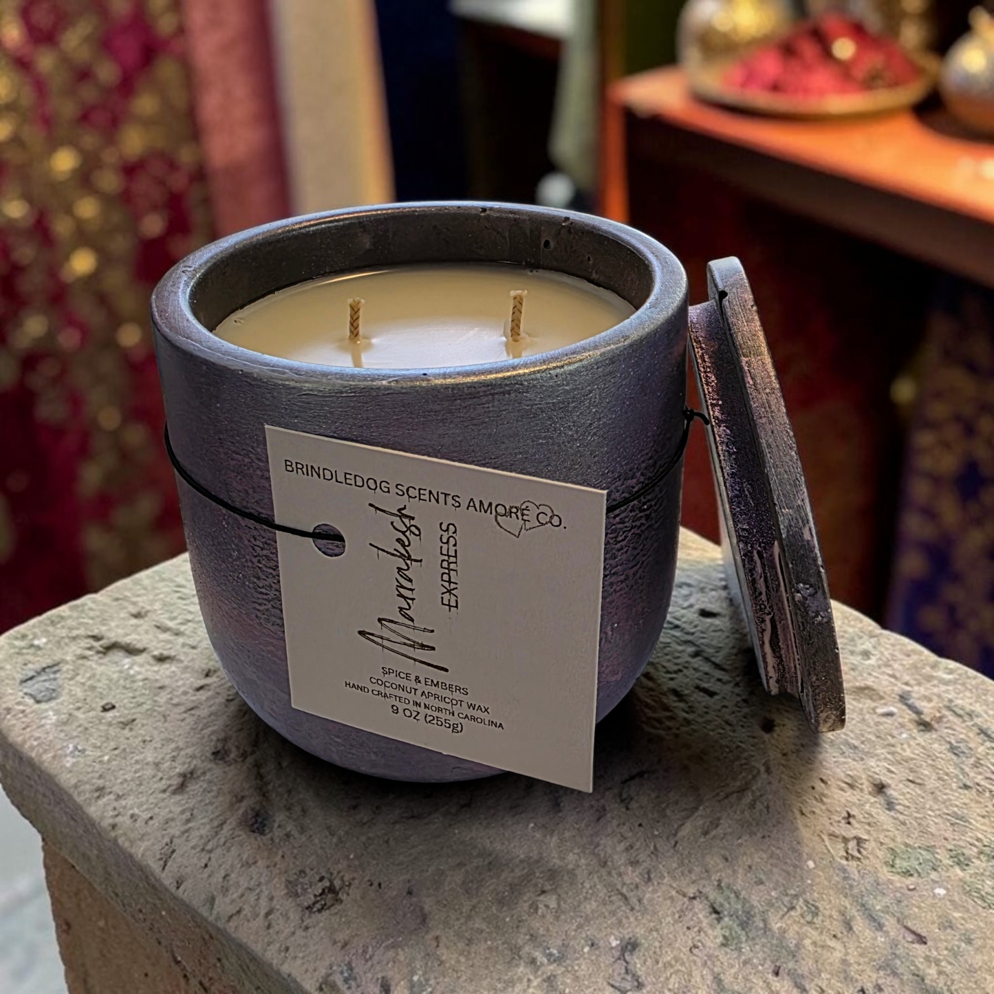 Marrakesh Express Spice & Embers Luxury Candle – 9 oz Double Wick Cement Jar |Golden Fire Series Artisan Candle