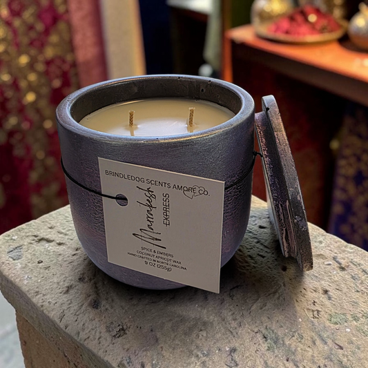 Marrakesh Express Spice & Embers Luxury Candle – 9 oz Double Wick Cement Jar |Golden Fire Series Artisan Candle
