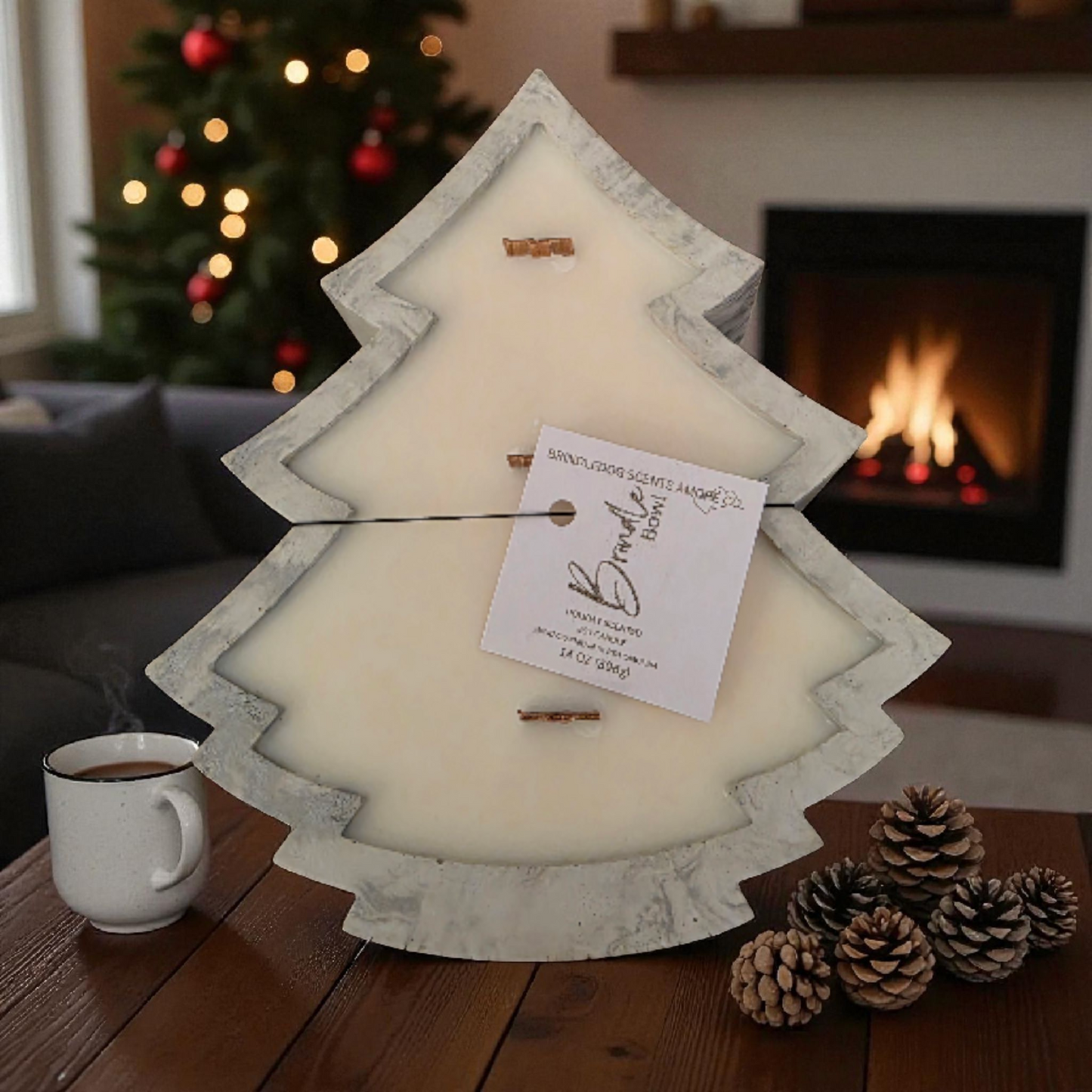 Brindle Bowl-Christmas Tree Soy Cement Candle Bowl Silver & White 14 oz