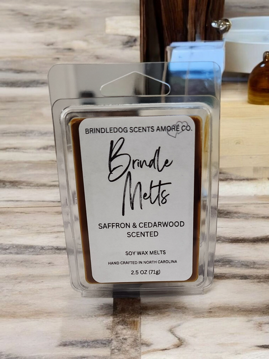 Brindle Melts 2.5 oz Soy Blended Wax Melts Saffron & Cedarwood Scented